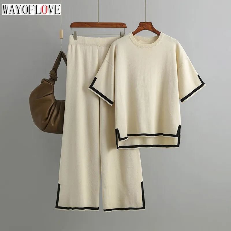 WAYOFLOVE Spring Autumn Knitted Sweater Women Two Pieces Sets O-Neck Loose Pullovers Sweater Tops & Wide-Leg Pants Knitwear Suit