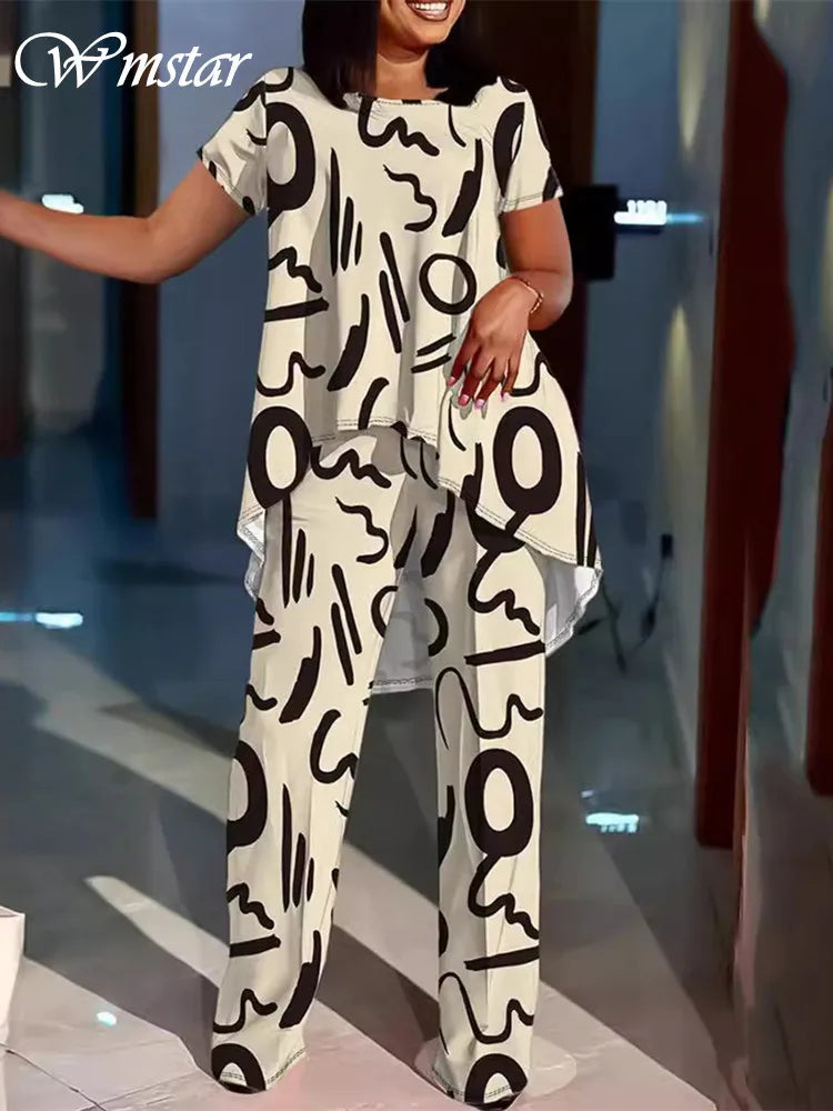 Wmstar Women Plus Size Two Piece Set 5XL Summer Casual Print T Shirt Wide Leg Pants Female Outfits Wholesale Dropshipping 2024