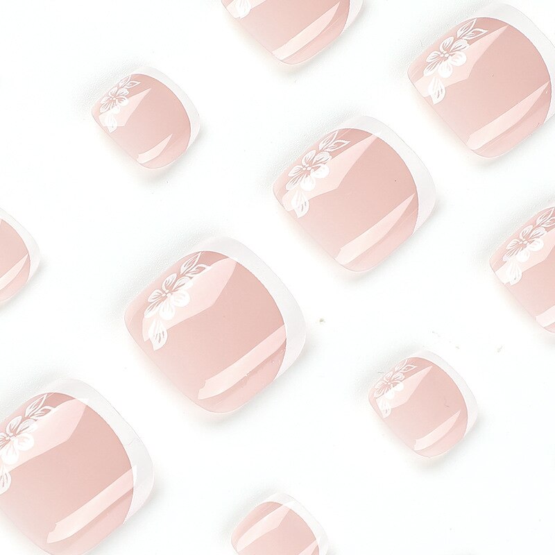 Toe Nails Set French Press on Foot Tips Fake Nail Tips with Designs Summer Reusable Artificial False Stick-on Nails Art 24pcs