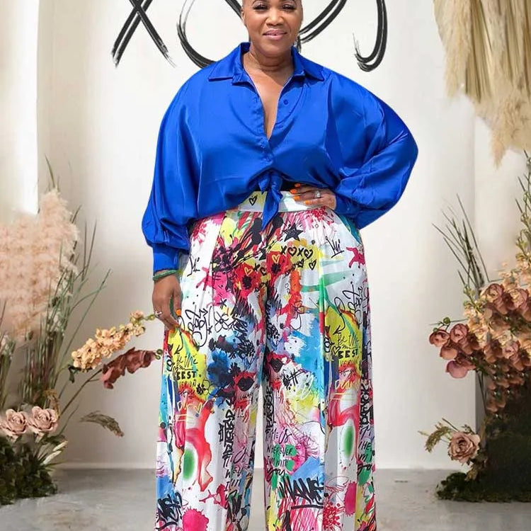 2piece Woman Outfit Streetwear Blue Silk Blouses Women Plus Size Autumn Top and Pants Suits 4xl Casual Female Pants Sets