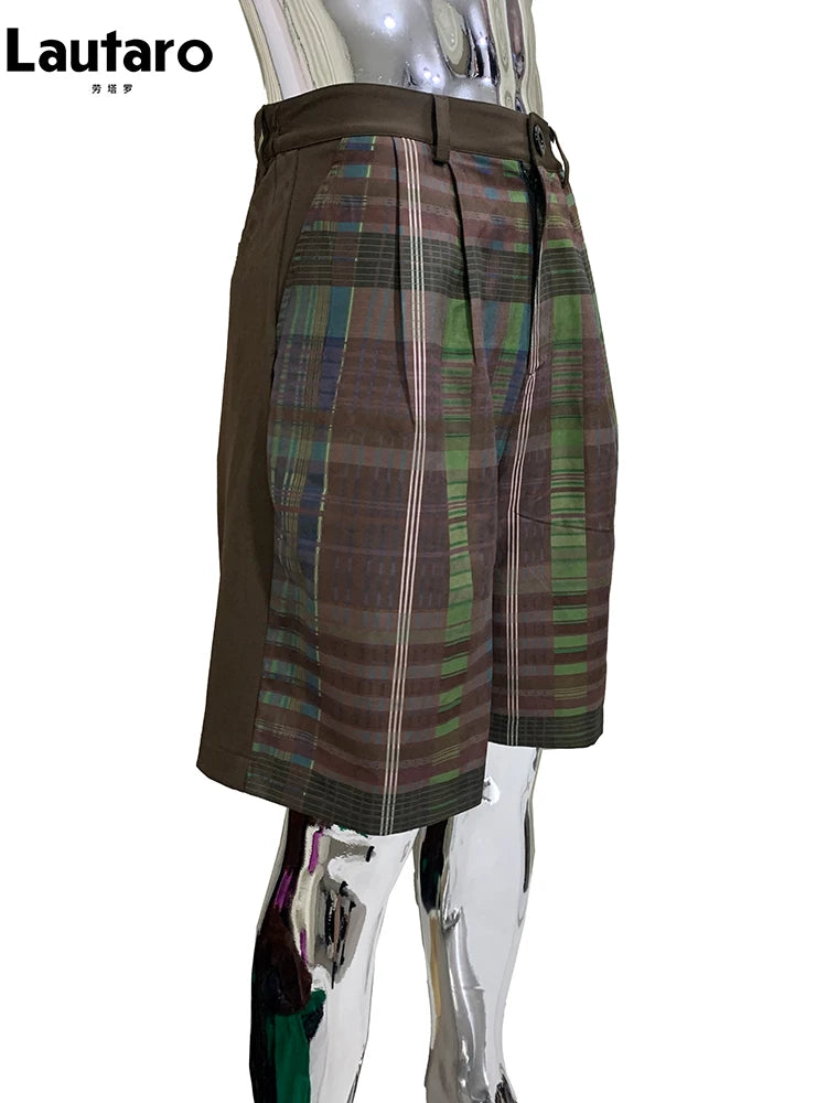 Lautaro Summer Autumn Loose Soft Thin Colorful Plaid Patchwork Shorts for Men Mens Knee Length Pants Luxury Designer Emo Clothes Colorful