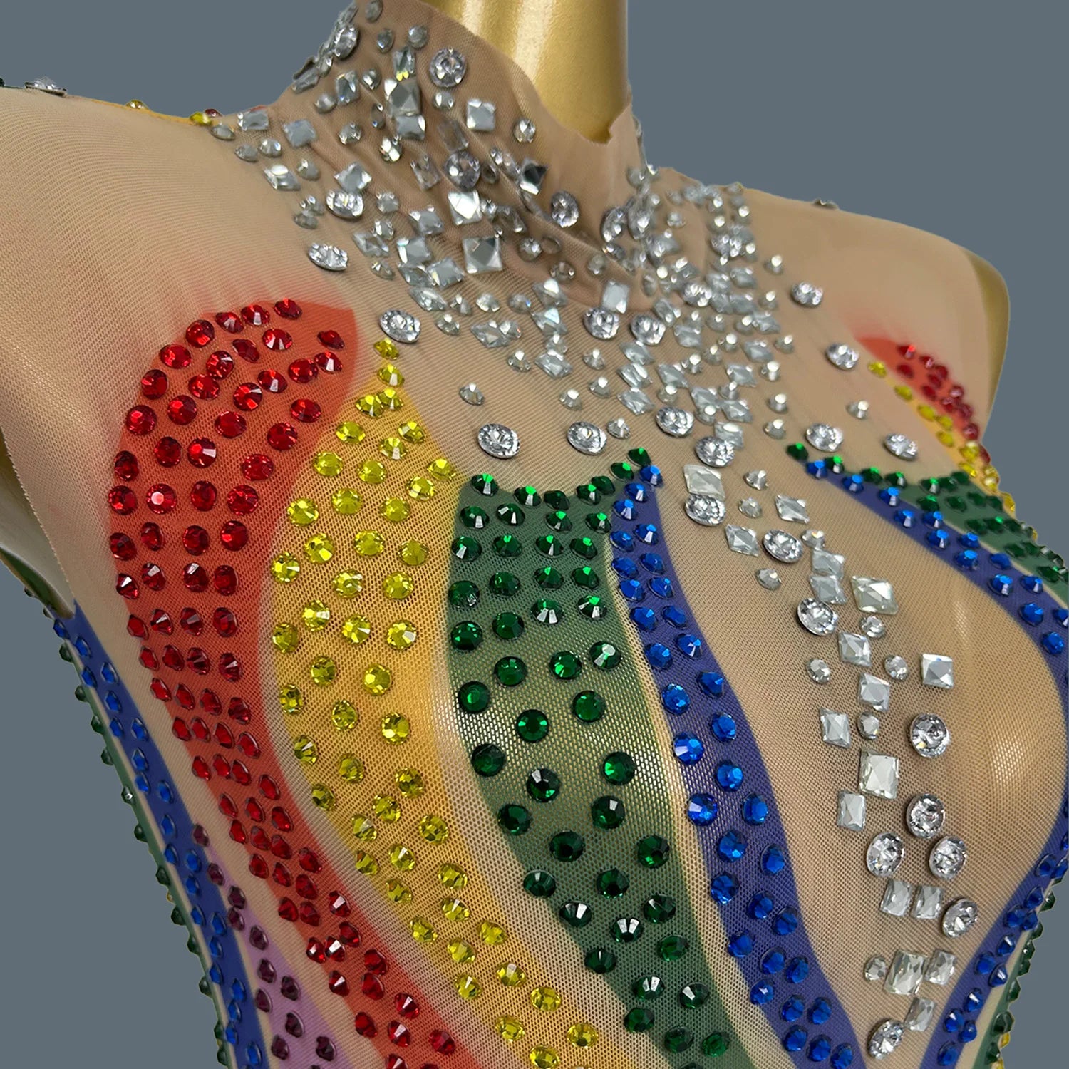 Colour Sparkly Rhinestone Bodysuit Women's Nightclub Stage Performance Costume Sheer Mesh Bodycon Sexy Bodysuit Caitiaogaocha