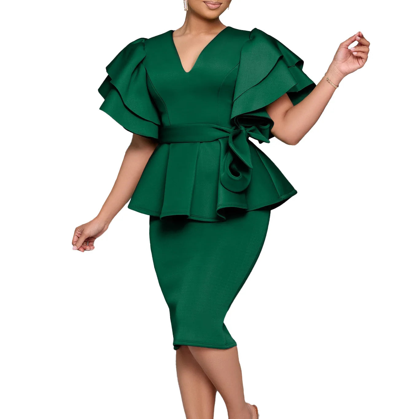 Women Short Sleeve V-neck Belt High Waist Midi Dress 2025 Summer Africa OL Work Evening Sexy Party Dresses Vestidos Green