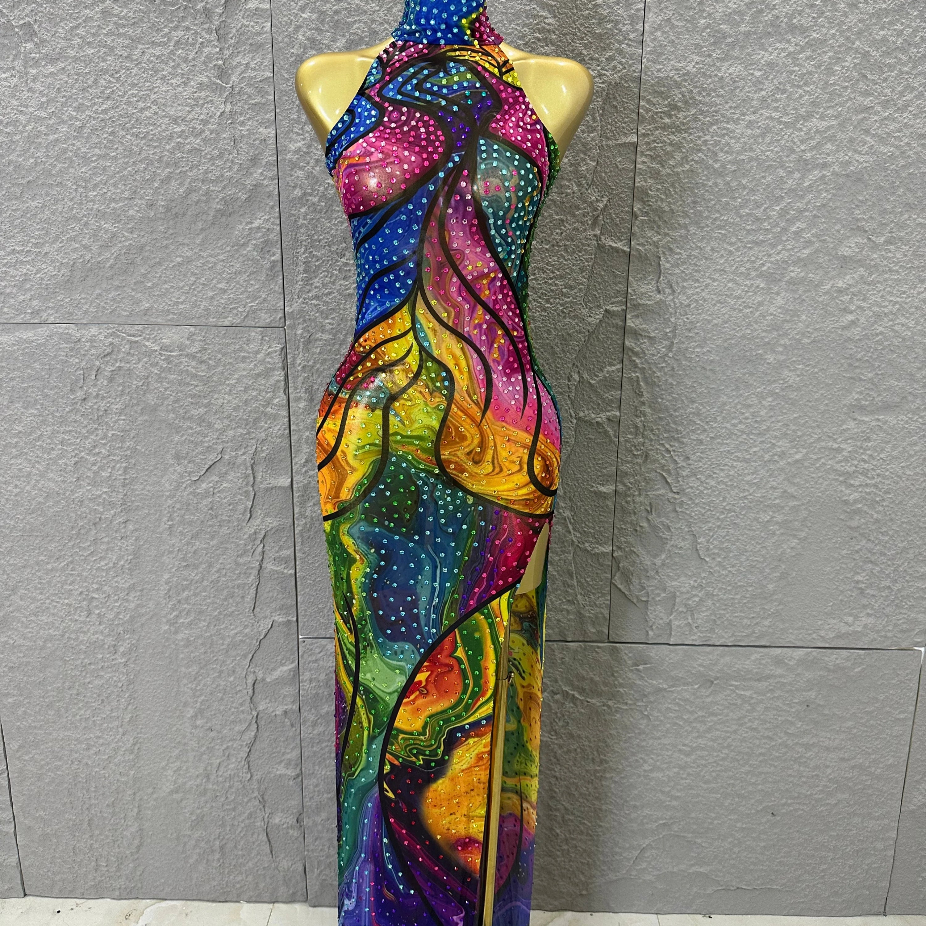 Elegant Sheer Mesh Colorful Halter Neck Maxi Dress Women Sexy Crystal High Slit Form-Fitting Evening Party Formal Event Dress MULTI