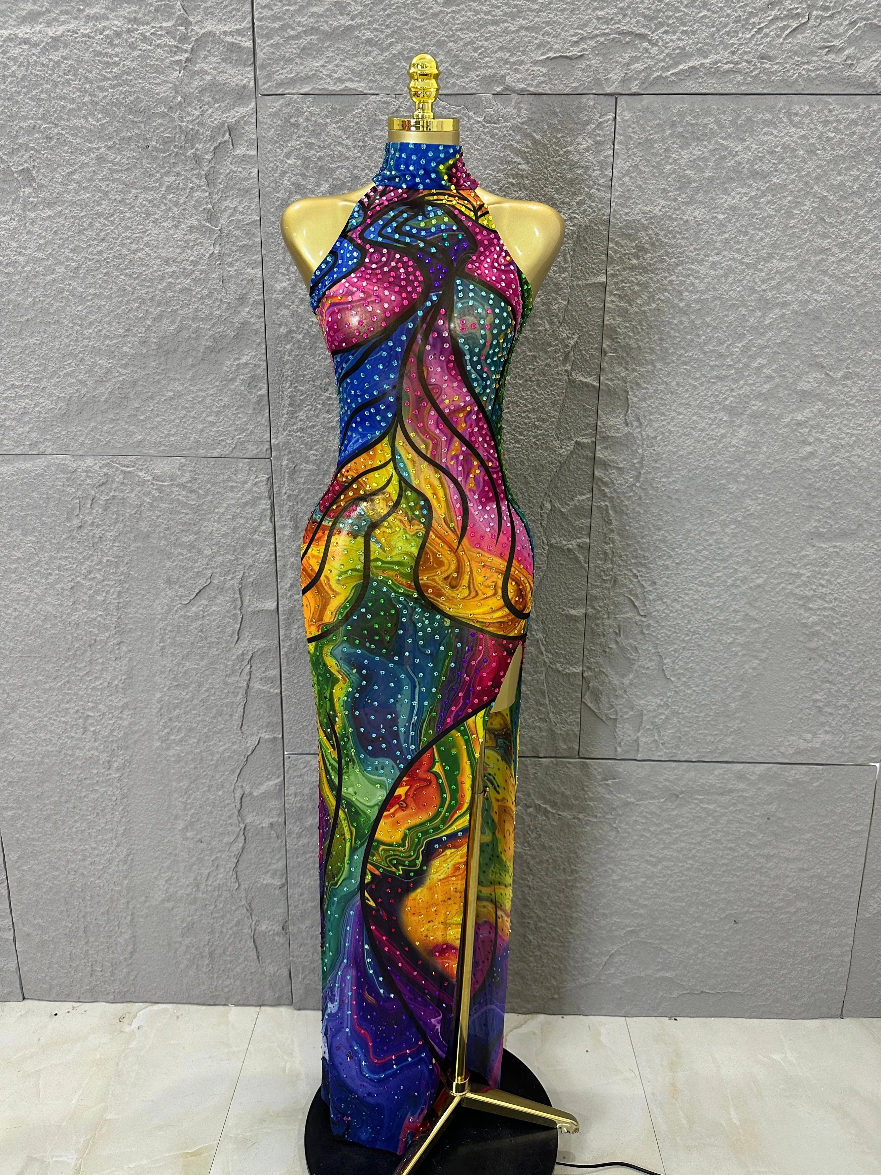 Elegant Sheer Mesh Colorful Halter Neck Maxi Dress Women Sexy Crystal High Slit Form-Fitting Evening Party Formal Event Dress MULTI