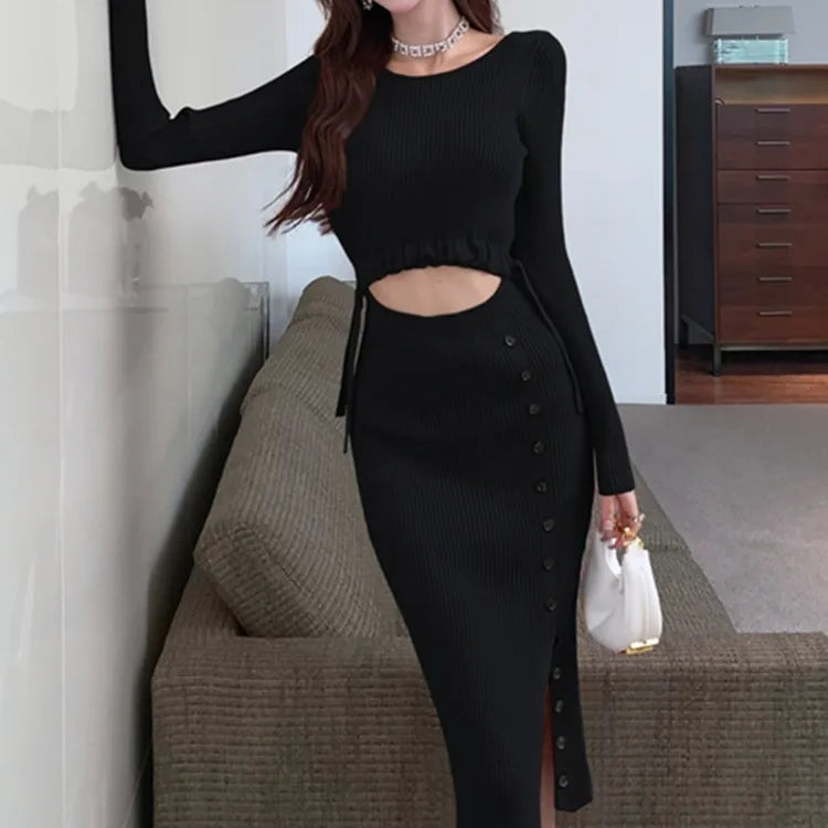 Knitted Sweater Dress Women Sexy High Slit Hollow Out Button Up Lace Up Long Sleeve Pink Black Midi Dresses Vestidos Clothes black One Size