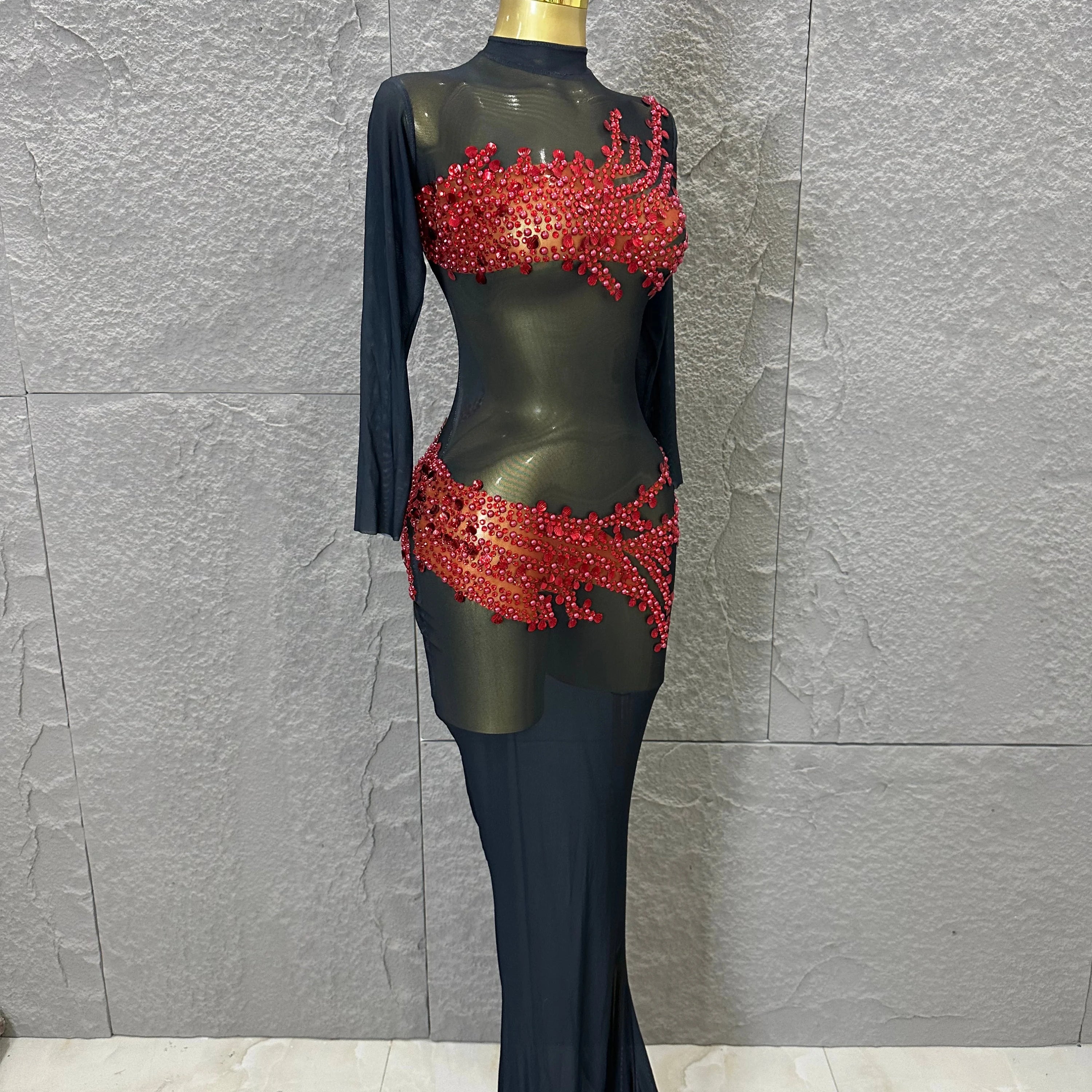 Sexy 2026 Black Sheer Mesh Maxi Dress Women Long Sleeve High Neck Red Rhinestone Embellished Bodycon Stage Costume