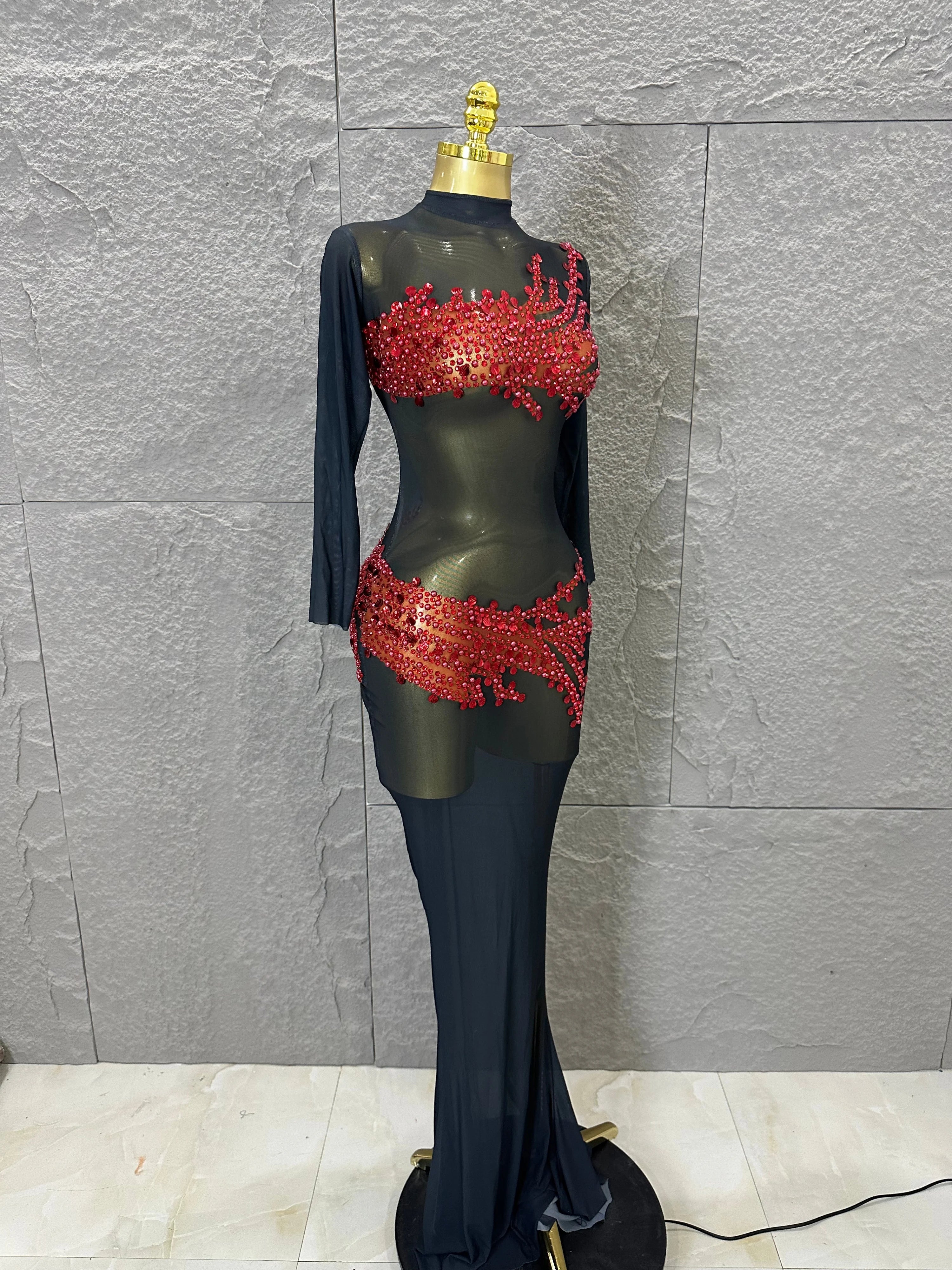 Sexy 2026 Black Sheer Mesh Maxi Dress Women Long Sleeve High Neck Red Rhinestone Embellished Bodycon Stage Costume