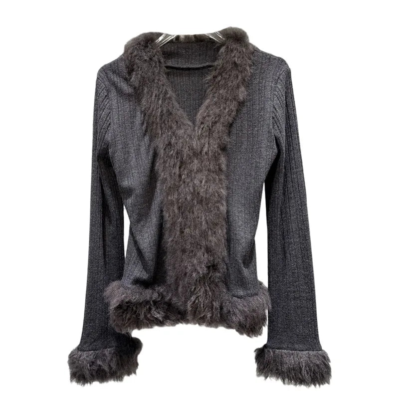 Winter New Fashion V-Neck Fur Collar Patchwork Long Sleeve T-Shirt For Women Versatile Knitted Cardigan 11A07844