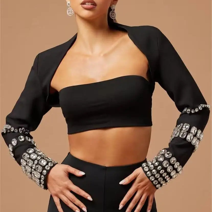 Stylish Sexy Woman Bandage Set Sparkling Diamonds Sleeve Wraps Short Strapless And Bodycon Pants 3 Pieces Evening Party Vestido