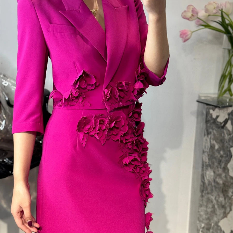 Solid Slimming Spliced 3D Flower Two Piece Sets for Women Lapel Half Sleeves Short Top High Waist Skirt Set Female