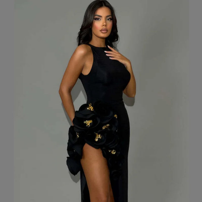 Stereoscopic Flowers Buttons Sexy High slit Ankle Sleeveless Lenght Bandage Dress Woman Evening Party Dress Party Vestido