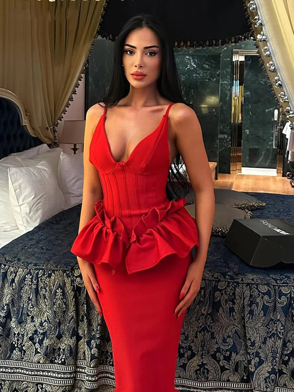 Sexy Women Long Bandage Dress Ruffle Sleeveless Slim Solid Summer Party Fishbone Maxi Dress Clubwear Female Vestido Outfits