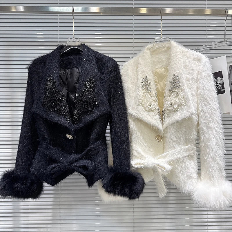 Winter New High-End Fox Fur Cuff Embroidered Collar Woolen Lace-Up Cotton Jacket For Women Elegant Coat 11A07767