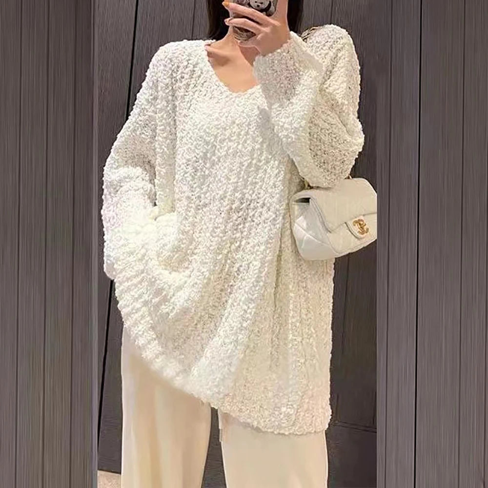 Women Sweater Casual Pullovers Autumn Winter Basics Knitted Korean Loose Striped O-neck Long Sleeve Elegance Sweet A-White One Size