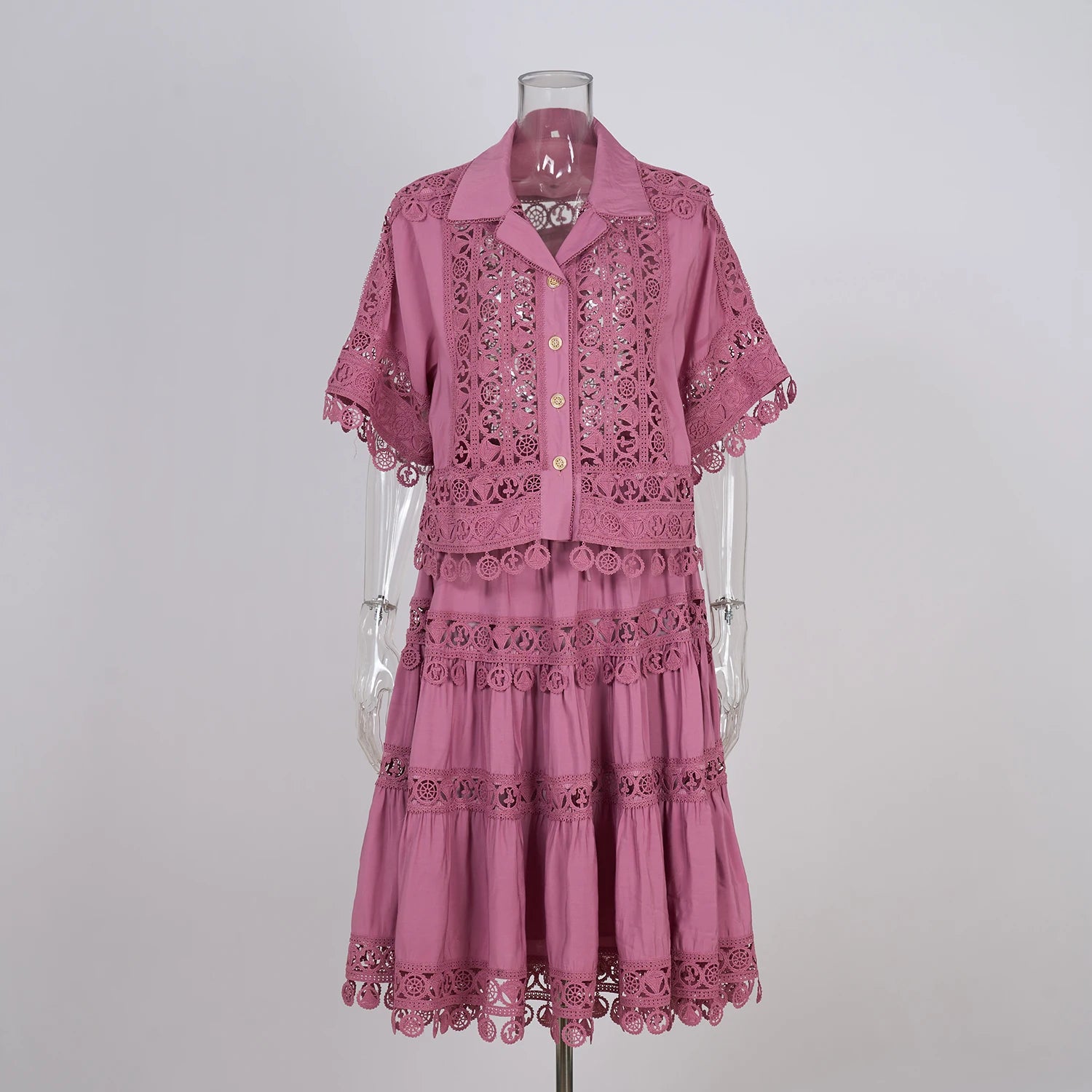 Embroidery 2 Pieces Set Women Hollow Out Loose Shirt Tops + Elastic Waist Midi Skirts Suit Summer Vacation Lace Ladies Outfit mei red