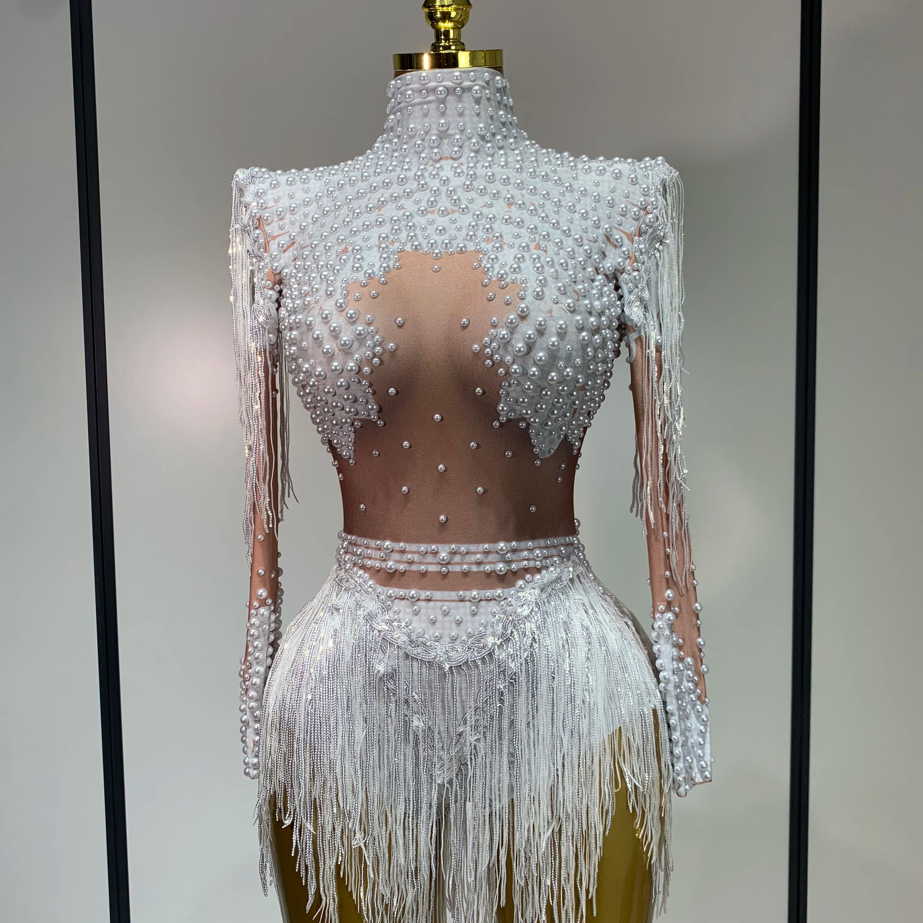 Women Long Sleeve Sexy Stretch Bodycon Shinning Tassels Rhinestones Bodysuit Celebrate Birthday Club Evening Party Stage Outfit WHITE