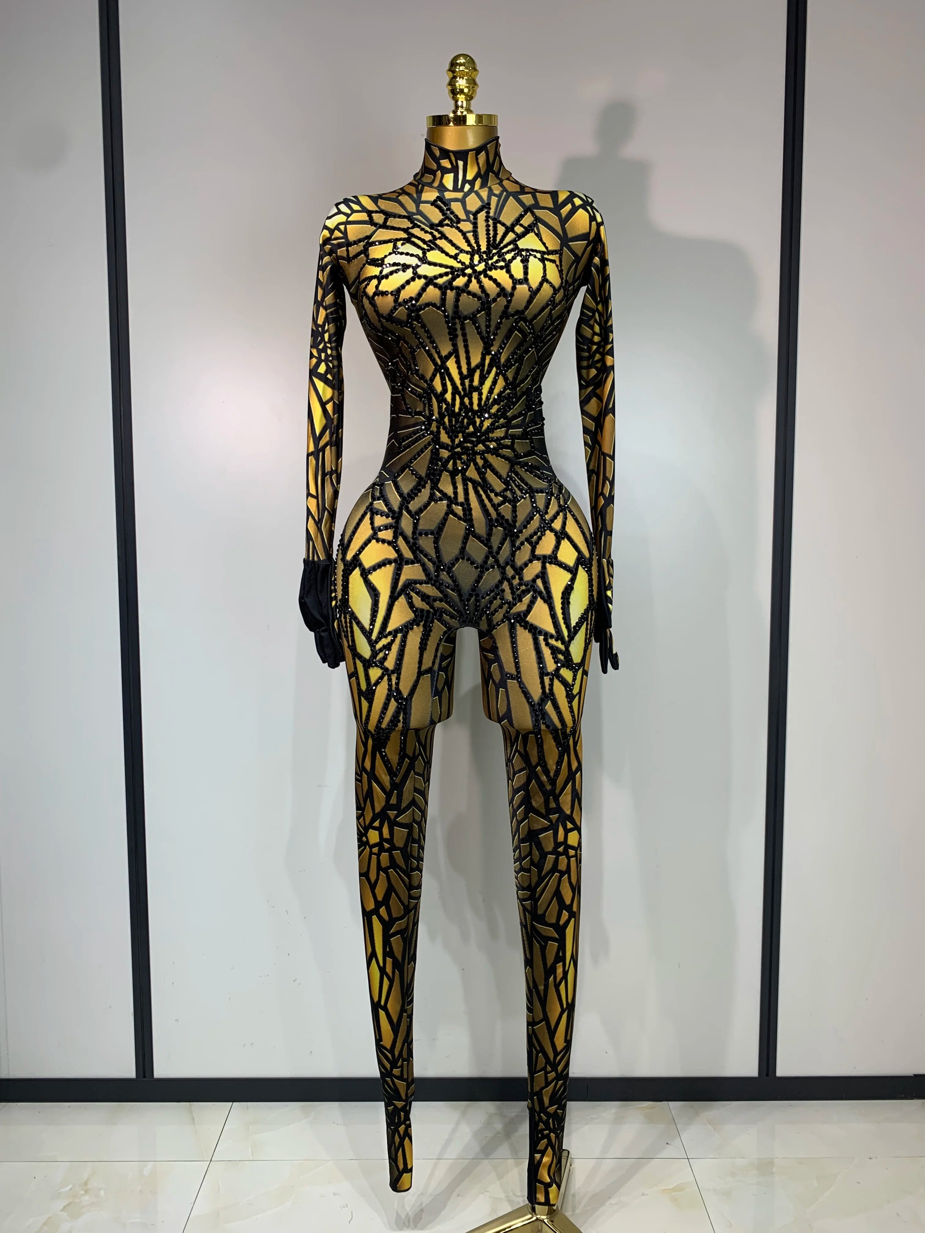 Women Sexy Stretch Glitter Rhinestones Bodycon Jumpsuit Dance Bodysuit Party Singer Stage Wear Birthday Drag Queen Costumes Gold