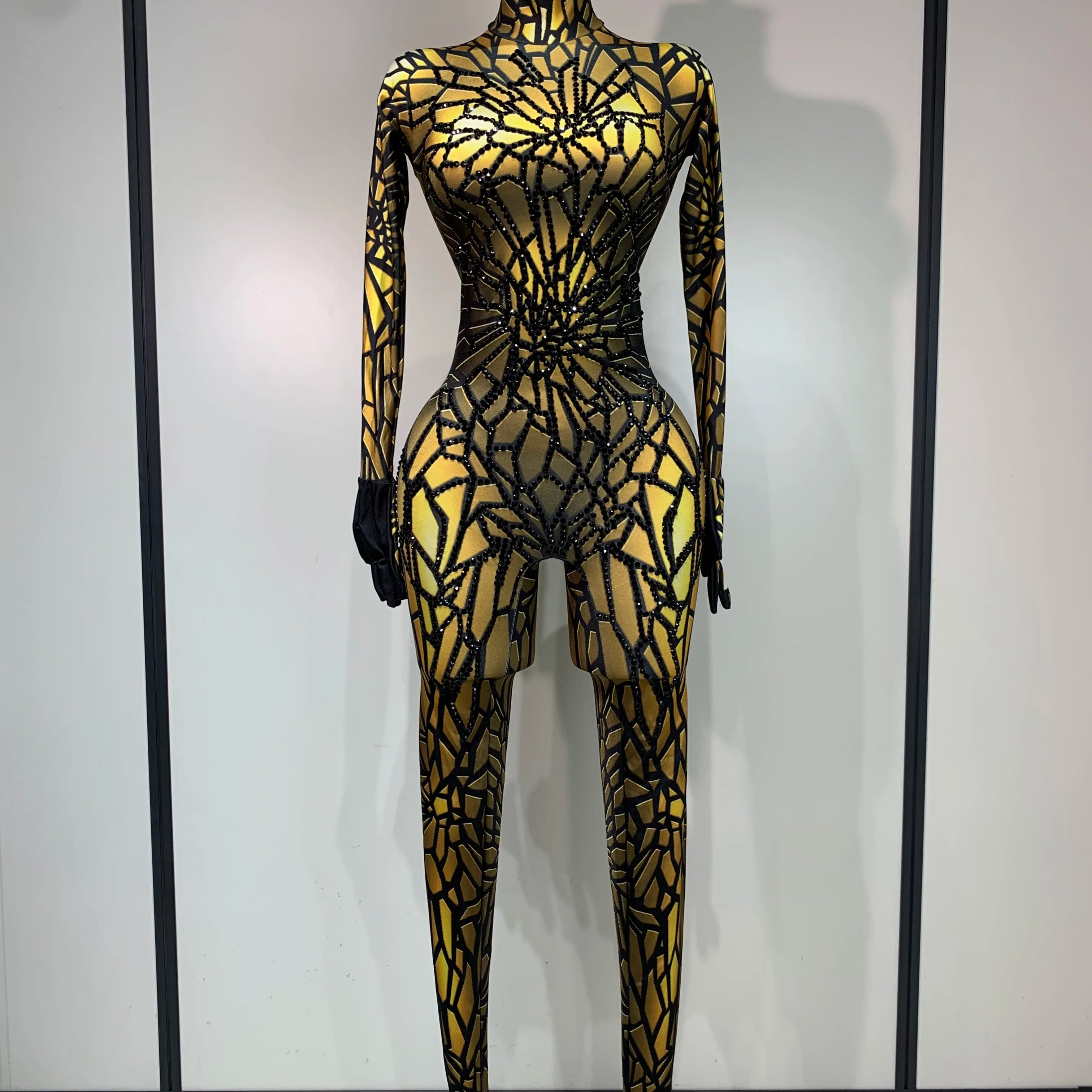 Women Sexy Black Rhinestone Stretch Bodycon Jumpsuit Club Evening Party Birthday Wear Singer Dancer Stage Perform Costume Gold