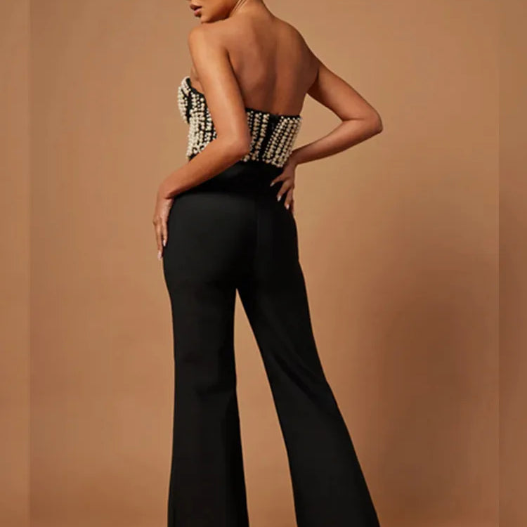 Celebrity Women Luxury Sexy Strapless Pearl Black Bodycon Bandage Jumpsuit 2025 Celebrity Designer High Street Rompers
