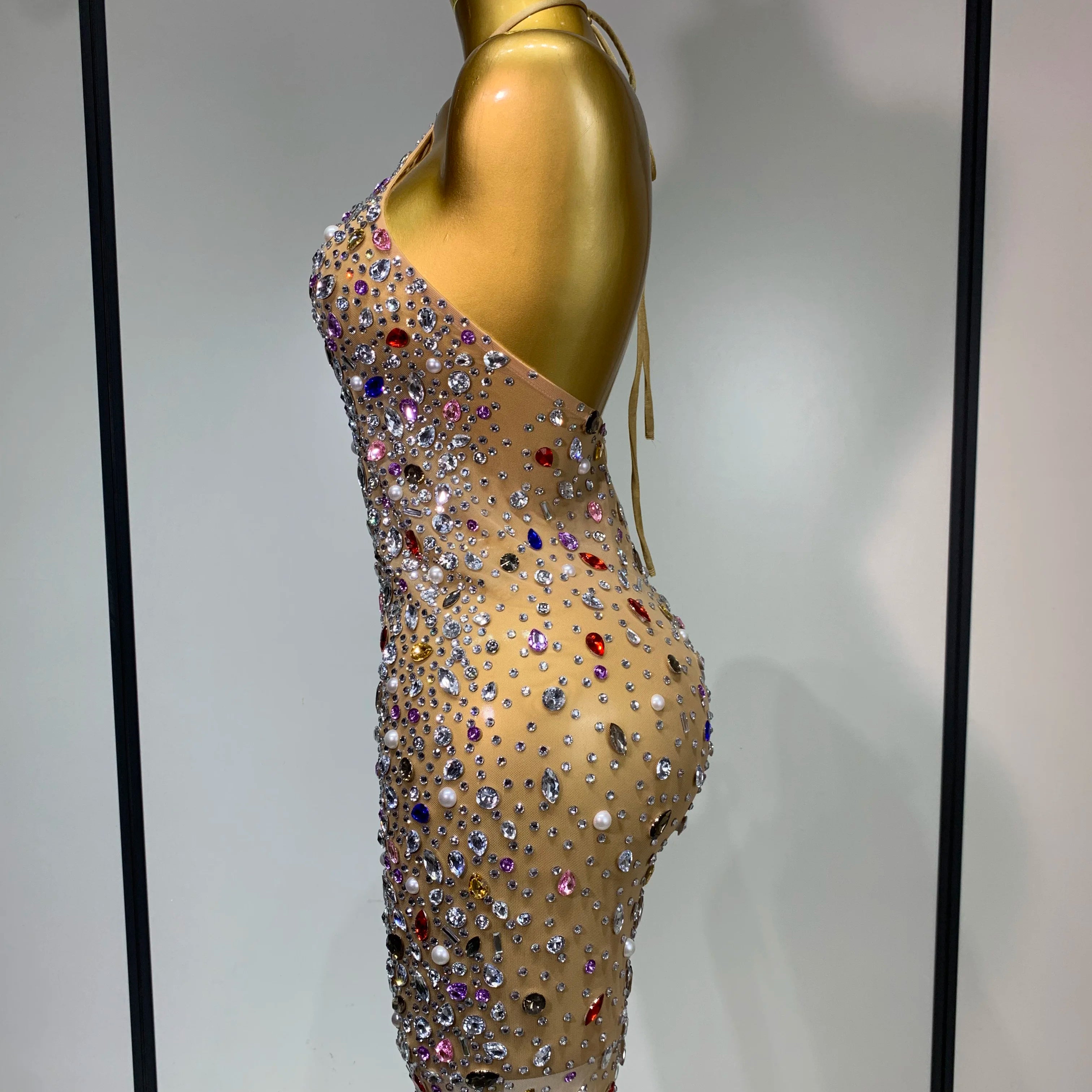 Colorful Crystals Diamond Women Sexy Halter Mesh See Through Bodycon Dress Nightclub Evening Party Celebrate Birthday Costume