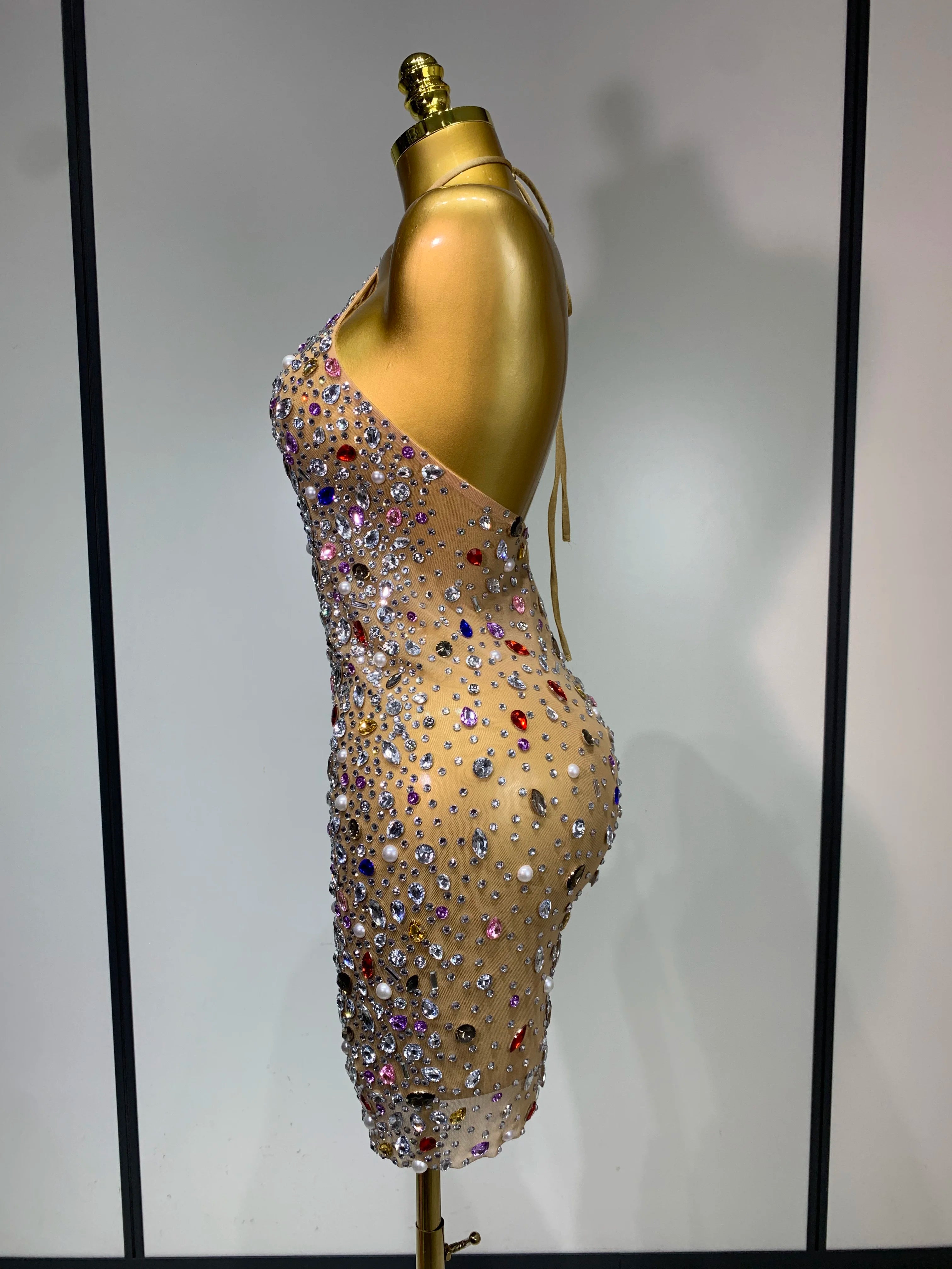 Colorful Crystals Diamond Women Sexy Halter Mesh See Through Bodycon Dress Nightclub Evening Party Celebrate Birthday Costume