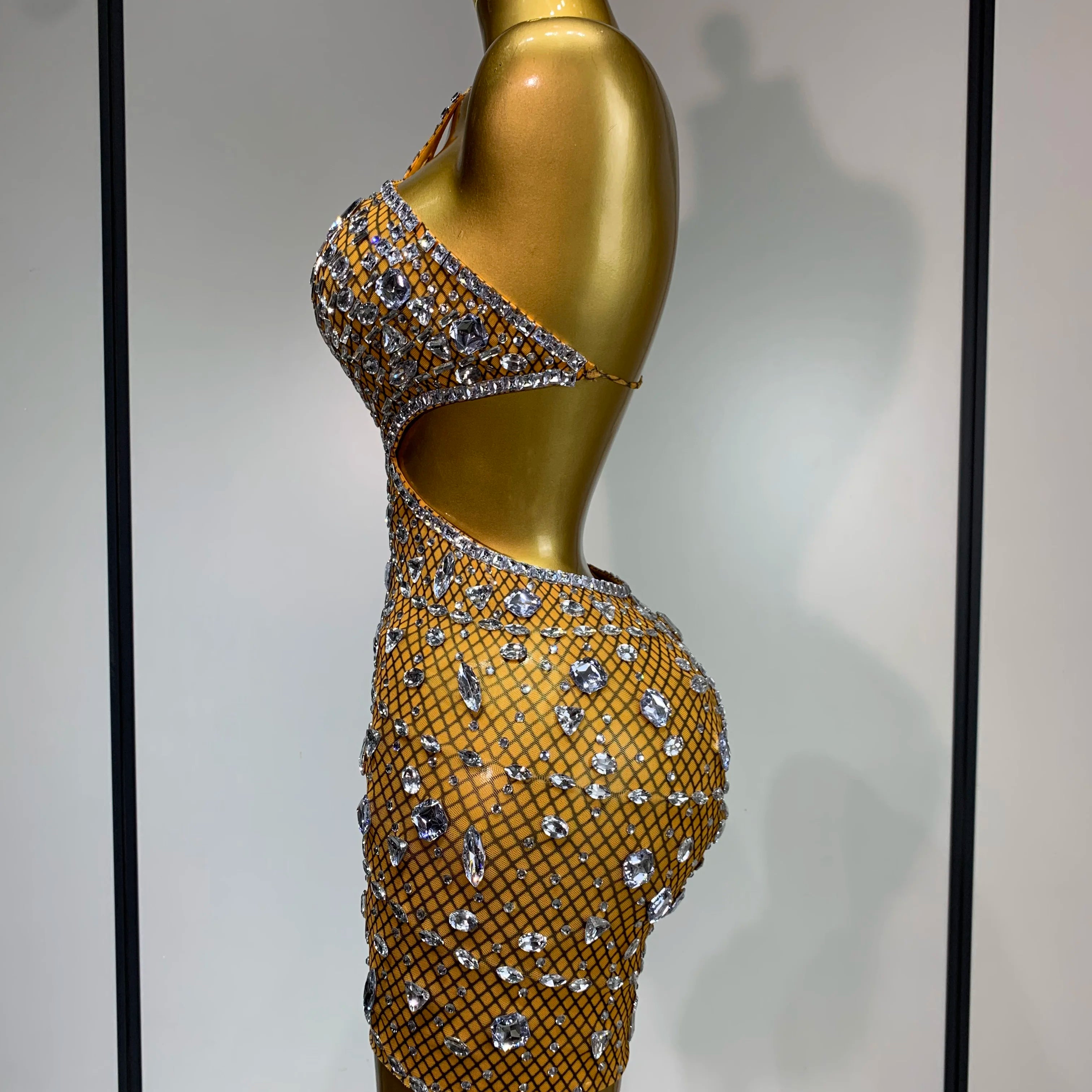 Sparkly Rhinestones Backless Mini Dress Women Sexy Mesh Transparent Celebrate Evening Birthday Dress Photo Shoot Stage Wear