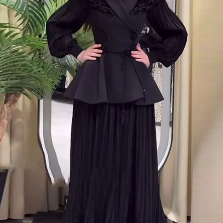 Slimming Two Piece Sets for Women Lapel Long Sleeves Spliced Double Bteasted Top Patchwork Mesh Skirt Female New BLACK