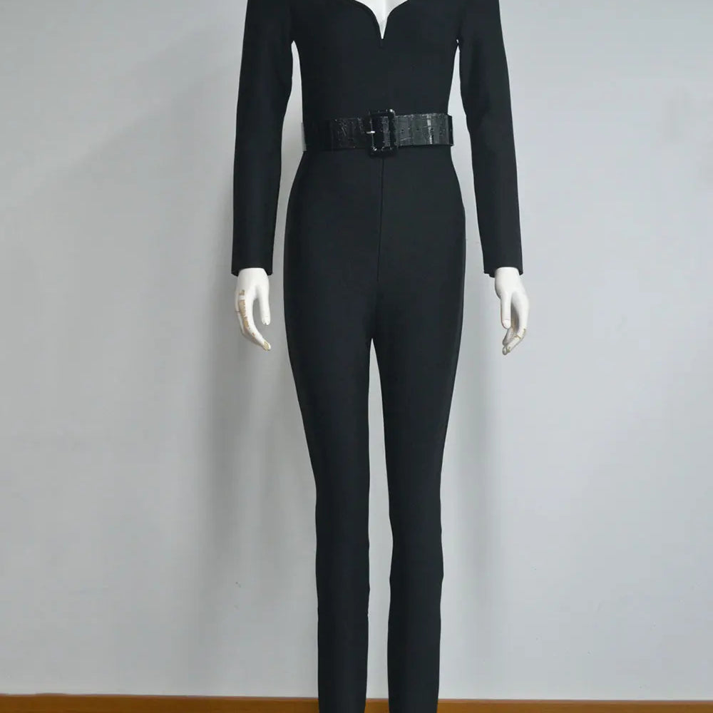 2025 New Women'S Bandage Pencil Jumpsuit V-Neck Long Sleeved Tight Black Waistband Design+Jumpsuit Evening Party Jumpsuit black