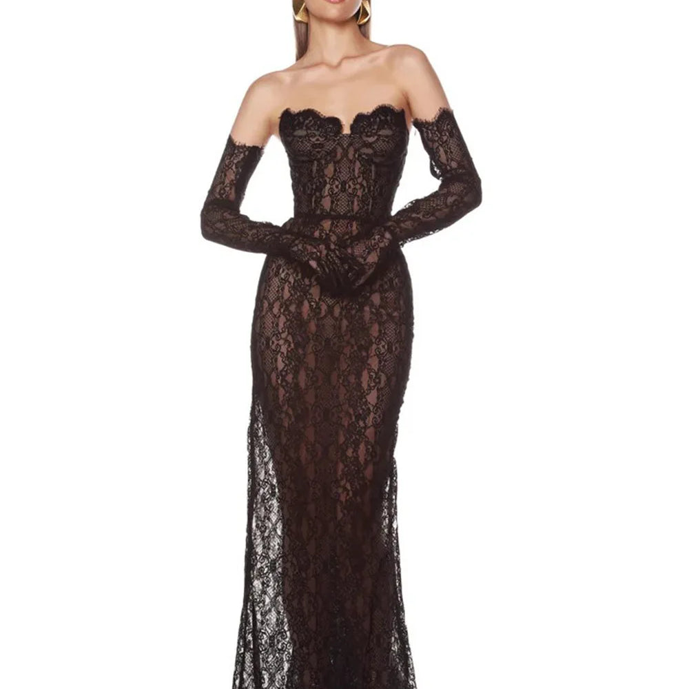 New Summer Black Color Women Sexy Strapless Lace Floor-length Mermaid Dress Gloves Elegant Evening Party Prom Outfit black
