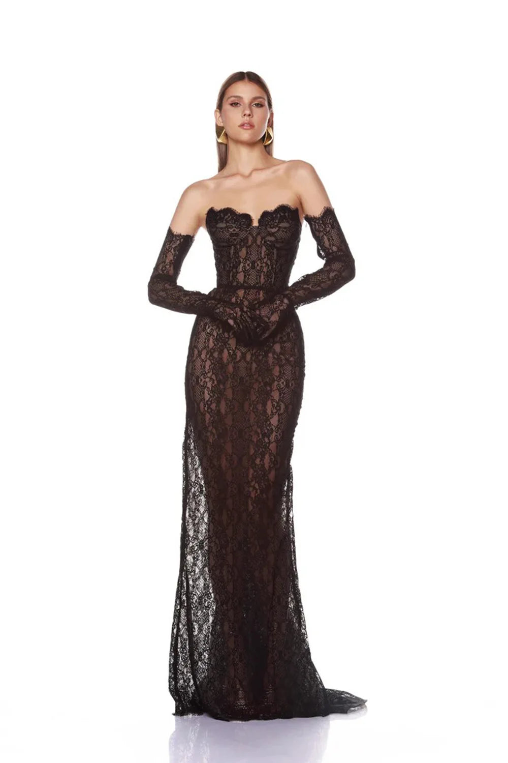 New Summer Black Color Women Sexy Strapless Lace Floor-length Mermaid Dress Gloves Elegant Evening Party Prom Outfit black