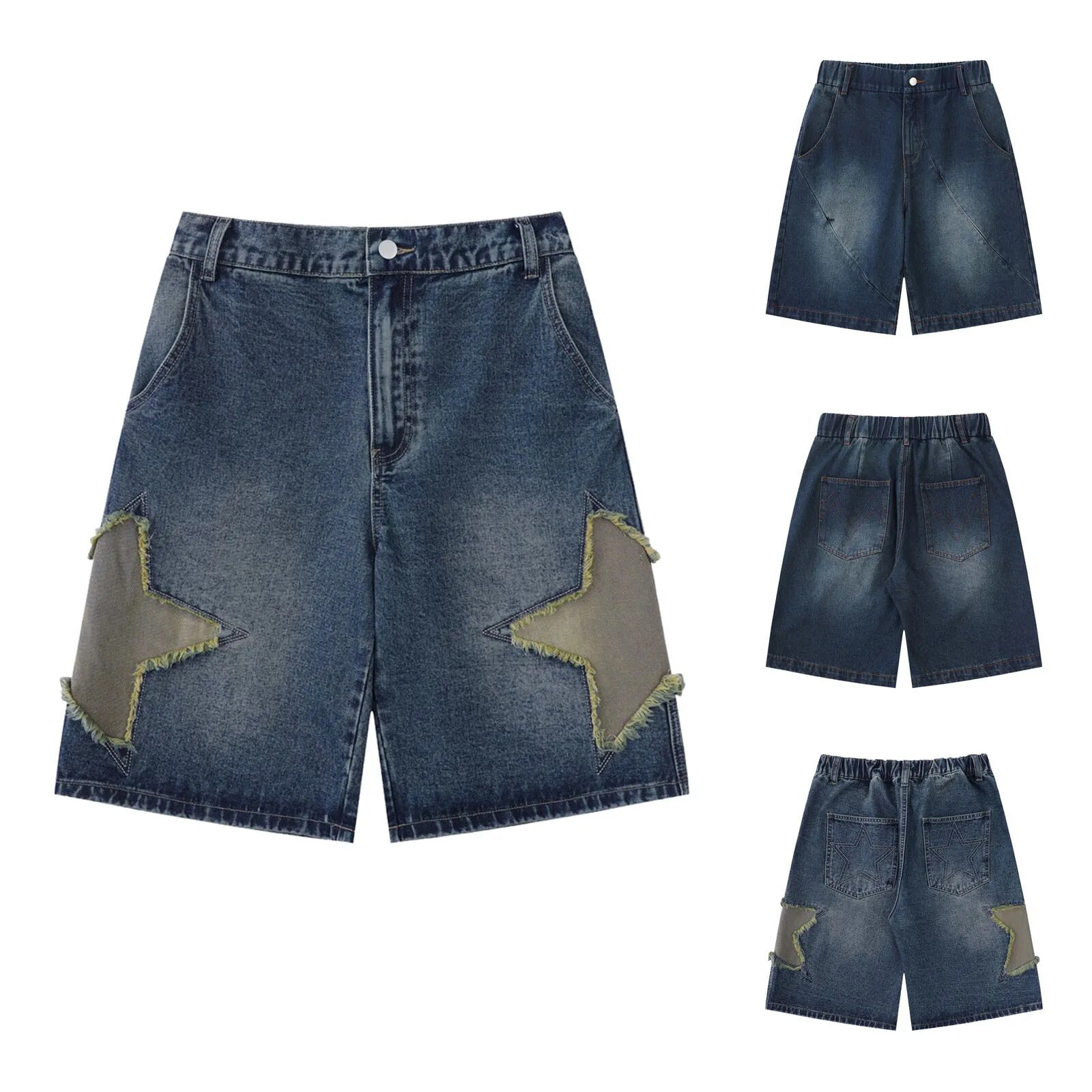 Women's Fashion Casual Wide Leg Elastic Waist Jeans With Star Patchwork High Waist Loose on Pants for Women Tall Denim Boot Cut