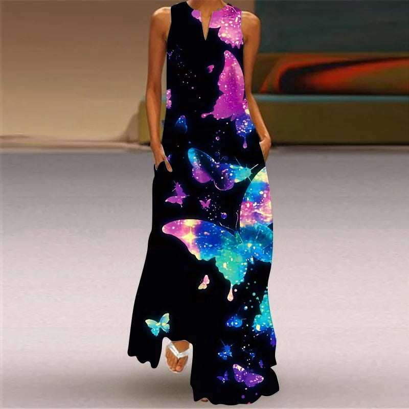 Fashionable Women's Hollow V-neck Maxi Dress Fresh Flower Print Sleeveless Loose Straight Beach Seaside Vacation Long Dress B43QZXG72781