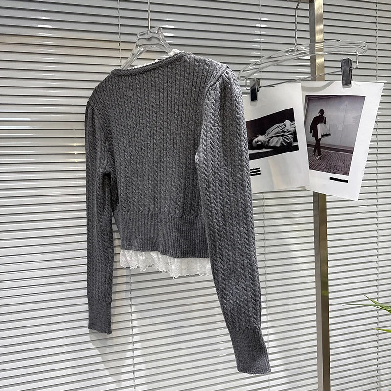 Winter New Fashion Lace Patchwork 3D Sequin Embroidery Knitted Cardigan For Women Elegant Short Sweater 11A07846