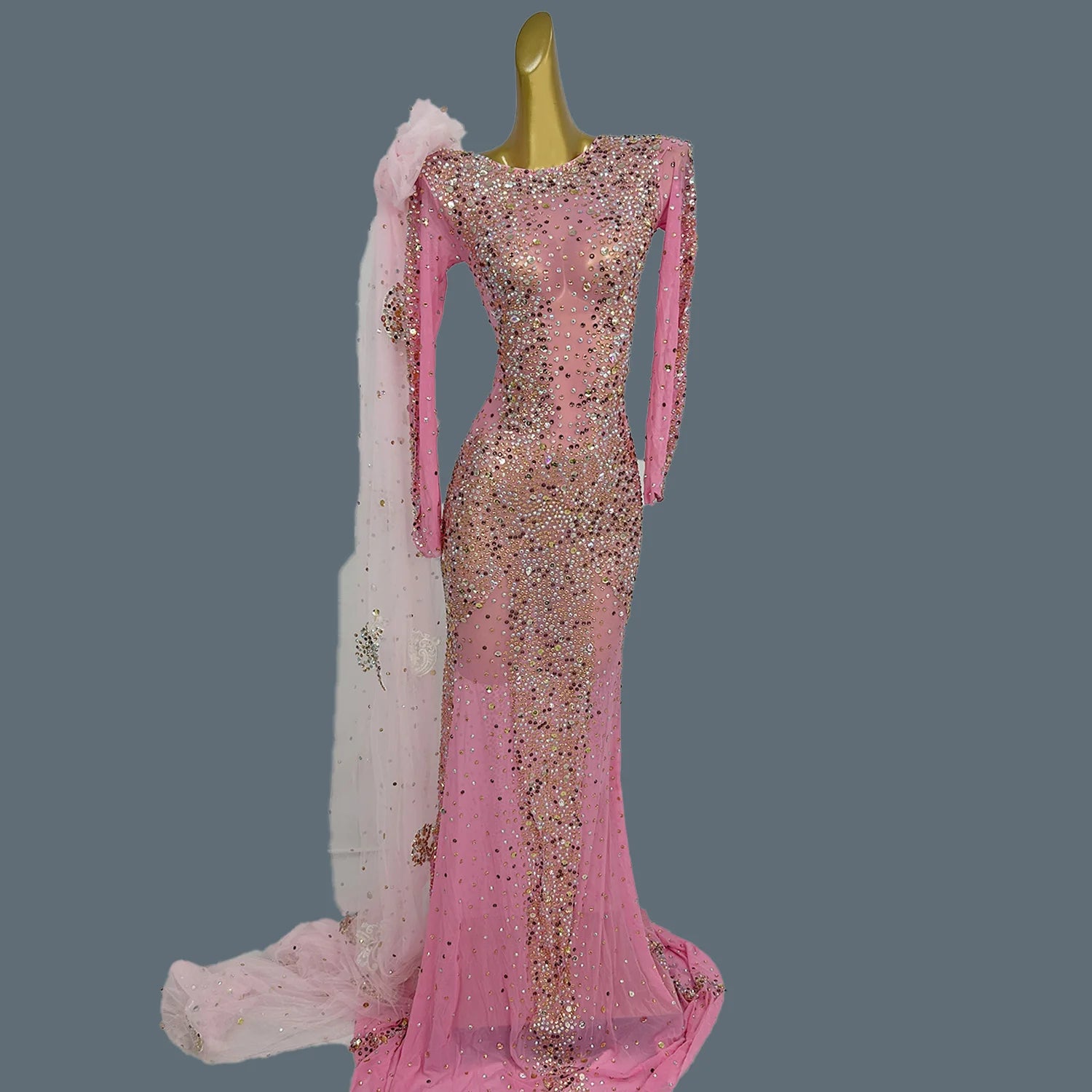 Sparkly Crystals Luxury Sheer Mesh Evening Gown Sexy Women Gauze Long Dress Birthday Wedding Prom Party High-end Outfit Shacha Pink