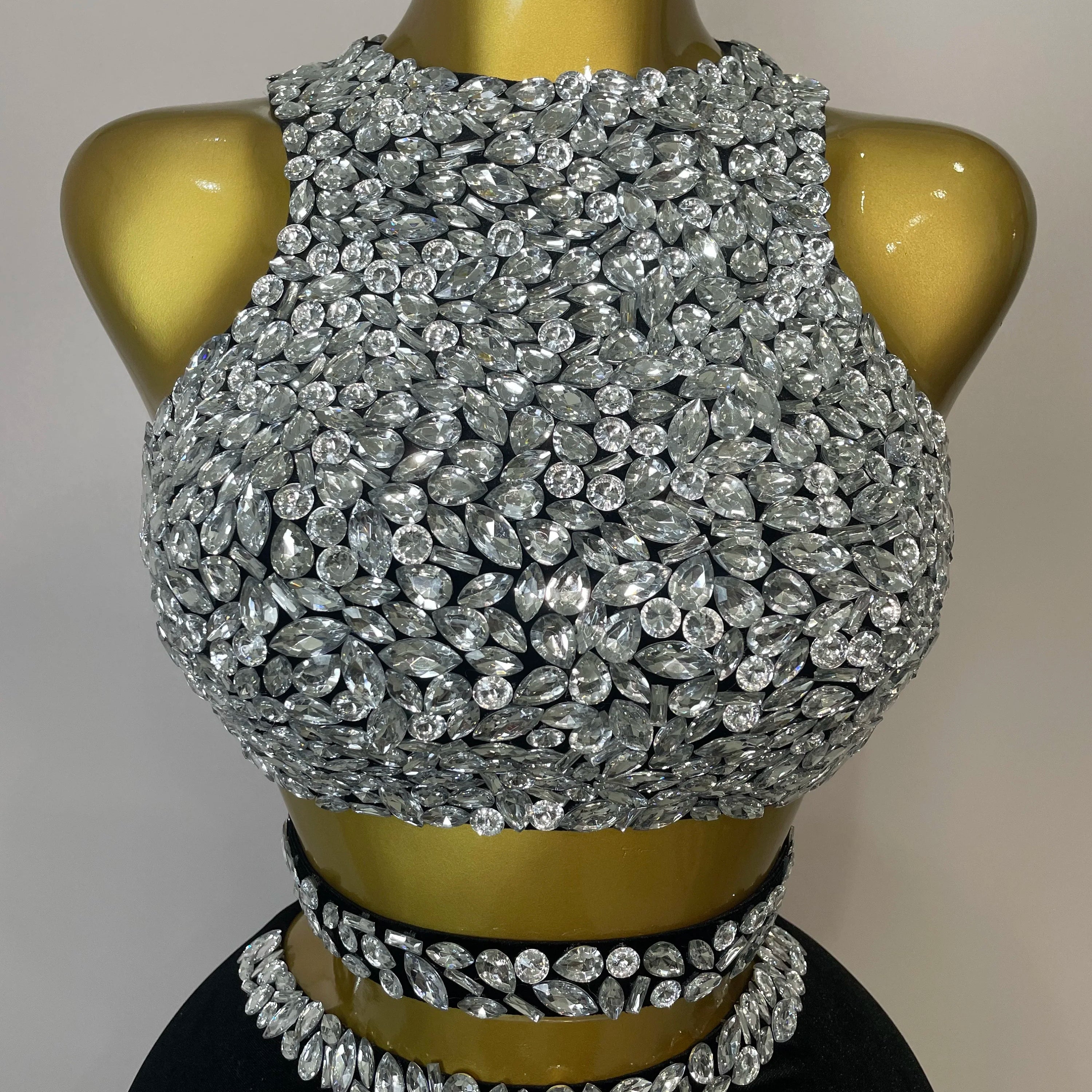 STOCK 2025 Women Sparkly Rhinestone Two-piece Set Sexy Velvet Singer Nightclub Outfit Celebrate Birthday Elegant Party Dresses