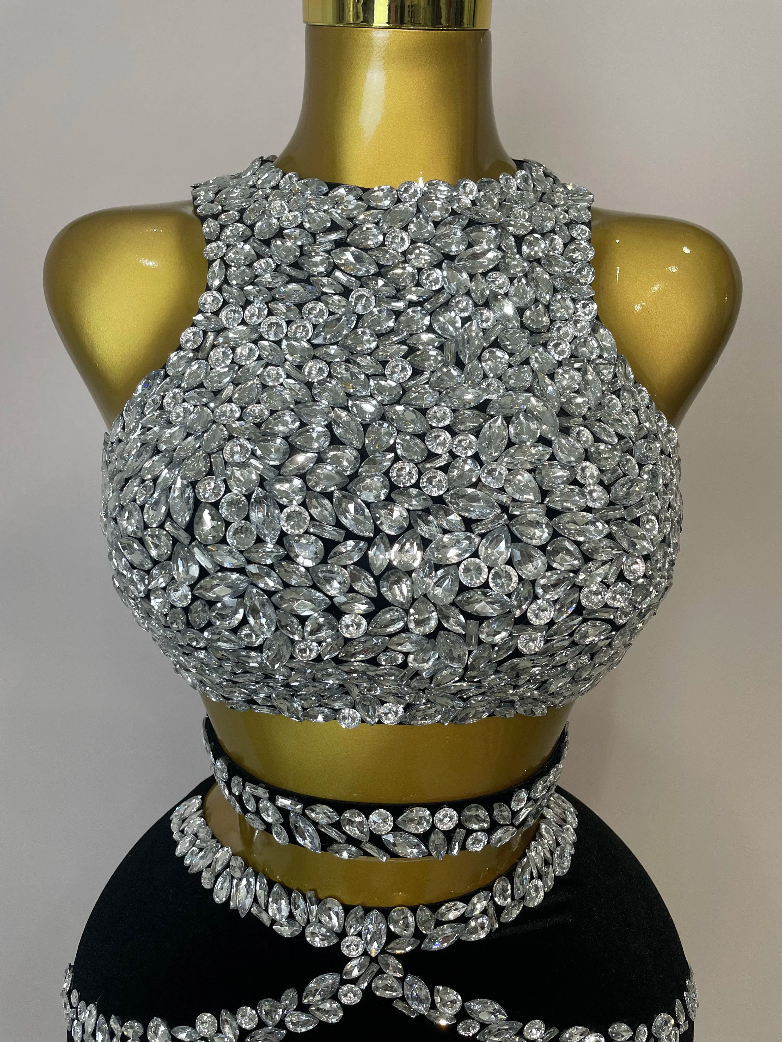 STOCK 2025 Women Sparkly Rhinestone Two-piece Set Sexy Velvet Singer Nightclub Outfit Celebrate Birthday Elegant Party Dresses