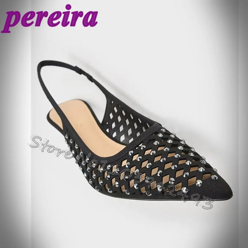 Black Breathable Mesh Hollow-out Design Studded Embellishments Pointed Toe High Heels Women's Summer Outdoor Indoor New Sandals
