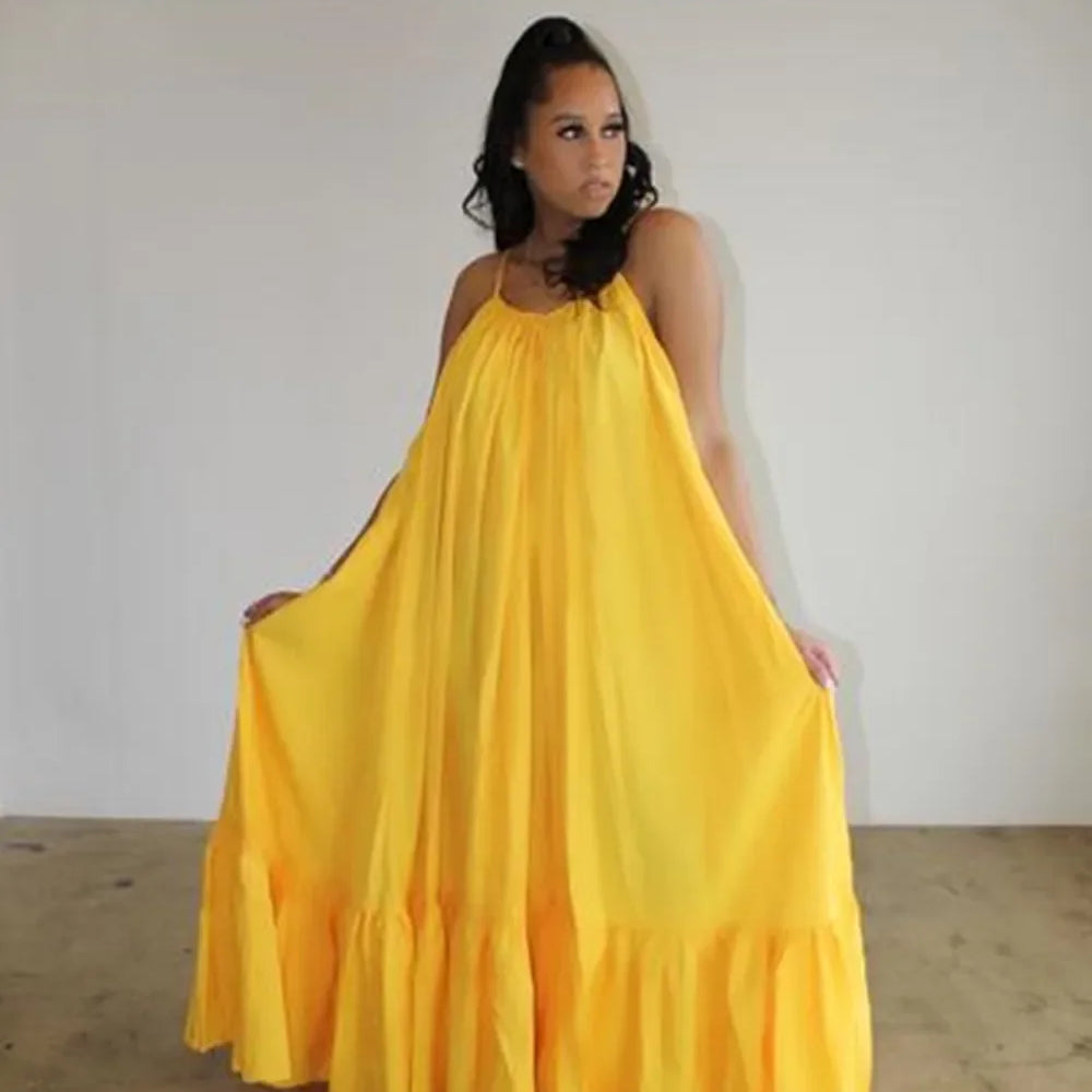 CMYAYA Women Summer Long Maxi Dress Sexy Sleeveless Strap Loose Beach Party Night Club Bandage Female S-5XL Dresses Vestido Yellow