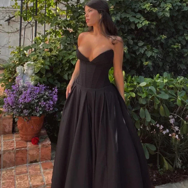 Suninheart Black Elegant Wedding Events Dress Sexy Strapless Corset Dress Midi Christmas Party Dresses for Women Clothing 2023