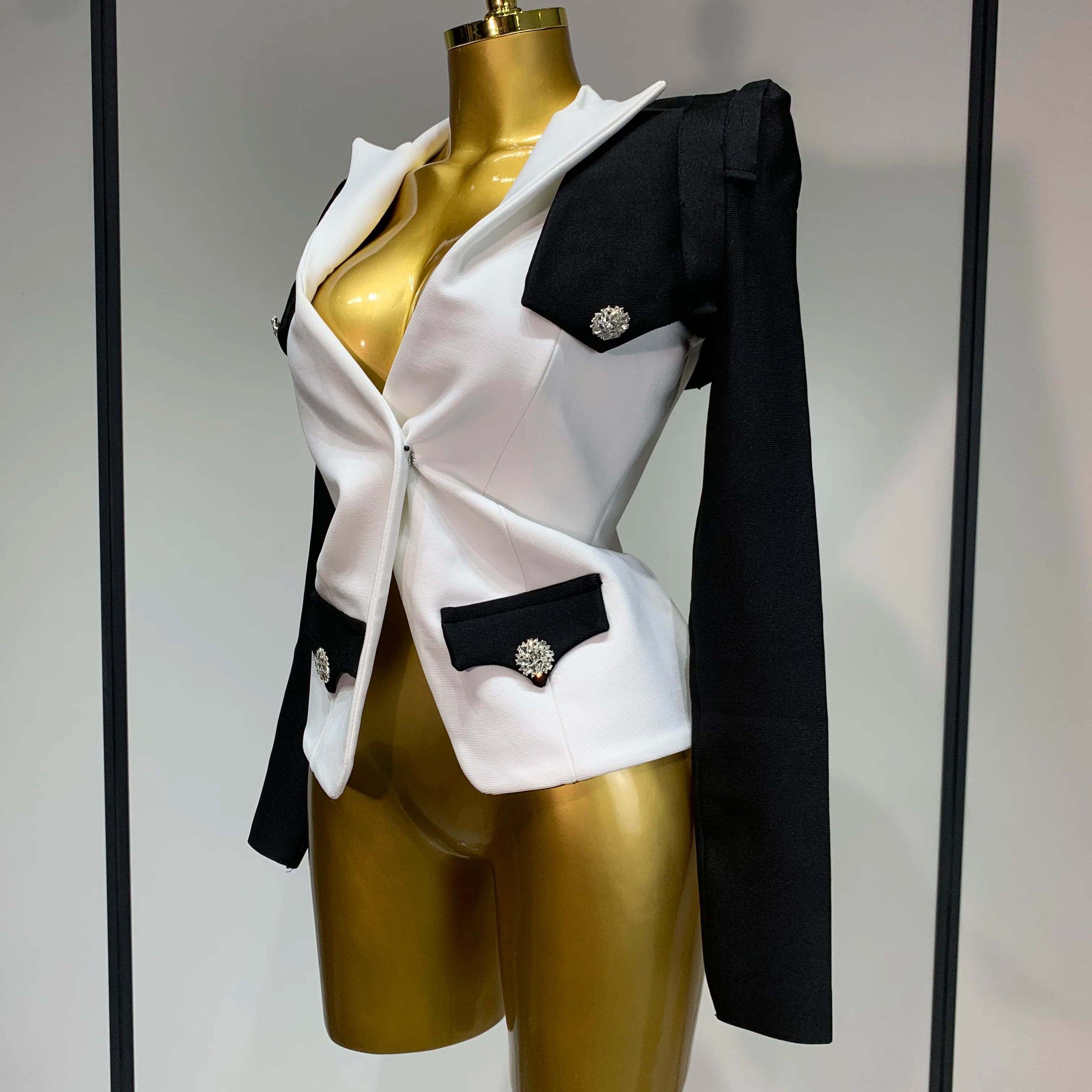 2025 New Designer Fashion Black White Bandage Jacket Two Piece Set Women Slim Fit Diamond Button Suit Jackets Coat