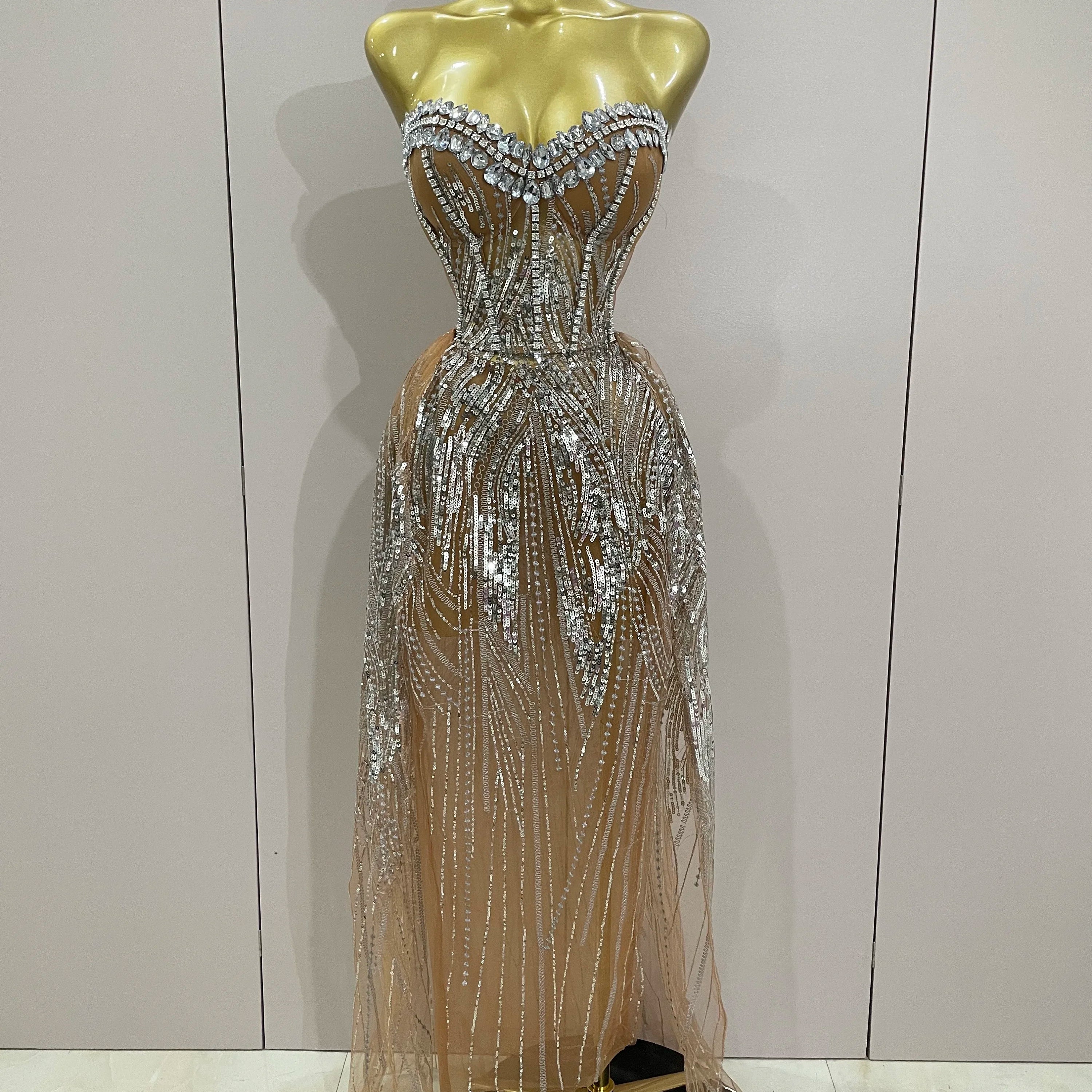 2025 Sparkly Rhinestone Sequins Sexy Strapless See-Through Long Dress Women Evening Birthday Party Dress Nightclub Stage Costume Silver