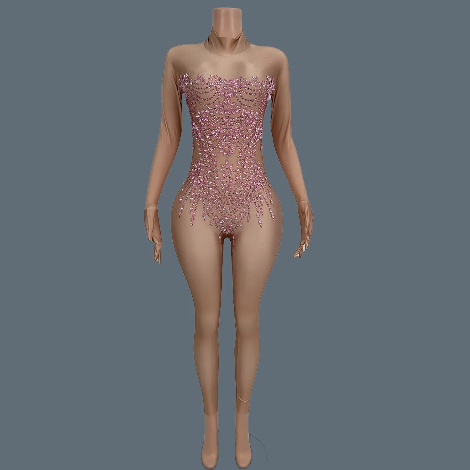 Sexy Women Long Sleeve Rhinestone Jumpsuit Gloves Festival Celebrate Party Outfit Club Stage Show Tight Fitting Jumpsuit Zhubao Nued pink One Size