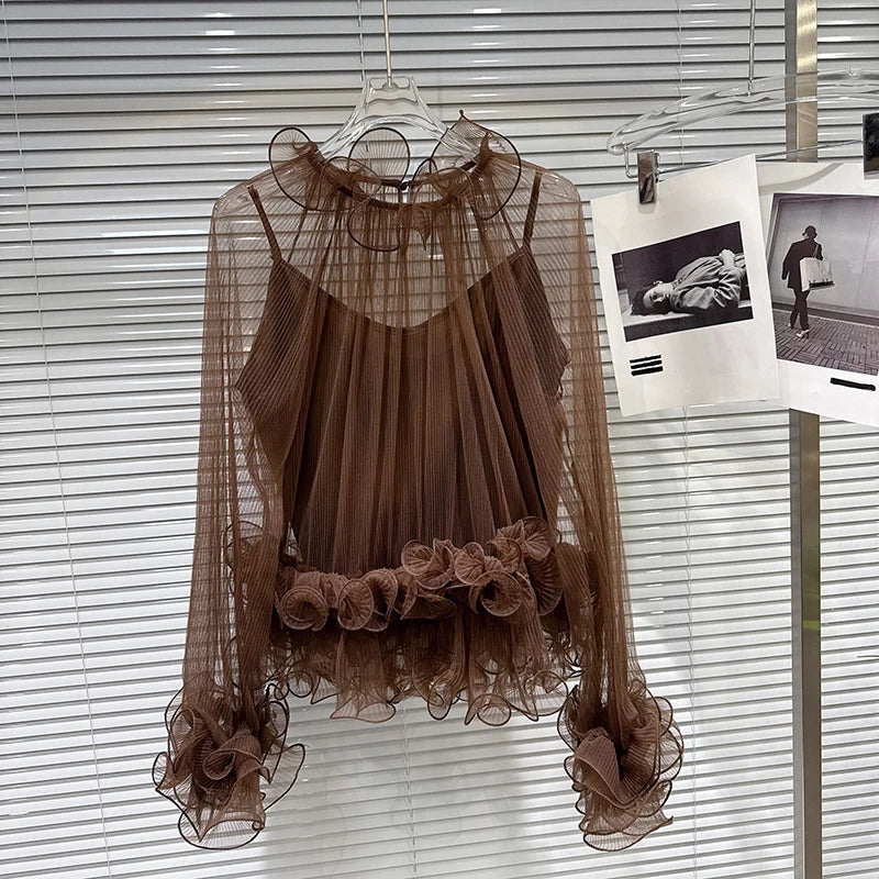 Winter New Items Style Elegant Ruched Lace Inner Camisole Chiffon Blouse For Women Loose Versatile Shirts 11A07896