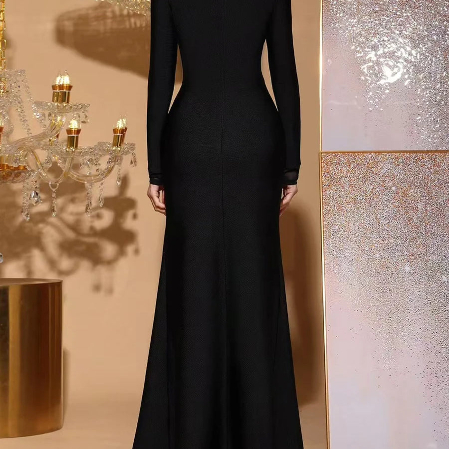 Solid Slimming Spliced Diamonds Dresses for Women Round Neck Long Sleeves Patchwork Mesh Dress Female Clothing New