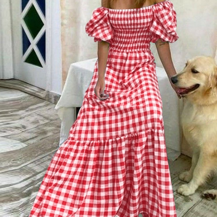 VONDA Summer Long Maxi Dress Women 2024 Casual Short Sleeve Square Collar Vintage Plaid Party Bohemian Vestidos Loose Sundress