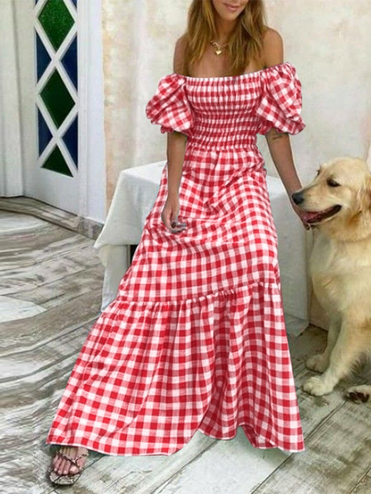 VONDA Summer Long Maxi Dress Women 2024 Casual Short Sleeve Square Collar Vintage Plaid Party Bohemian Vestidos Loose Sundress
