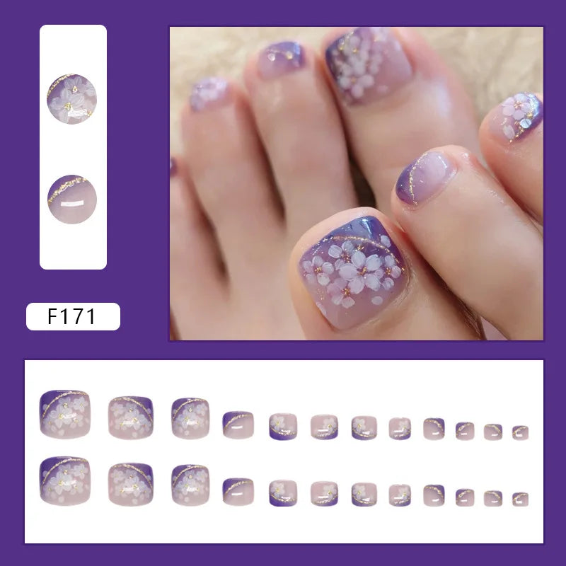 24pcs Summer Blue False Toenails Shiny Powder Cat Eye Fake Toenails Tips Wearable Detachable Spice Girl Press on Toe nails 5
