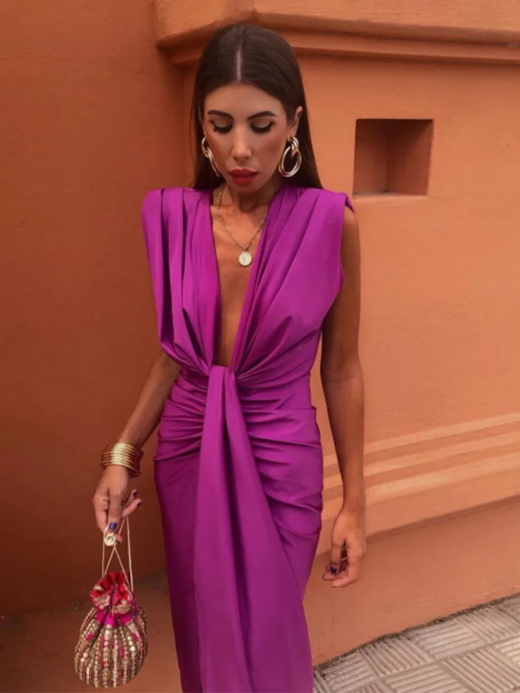 Sexy Deep V Neck Flods Split Dress Women Elegant Solid Sleeveless Midi Vestidos Summer New Ladies Evening Party Robes Fuchsia