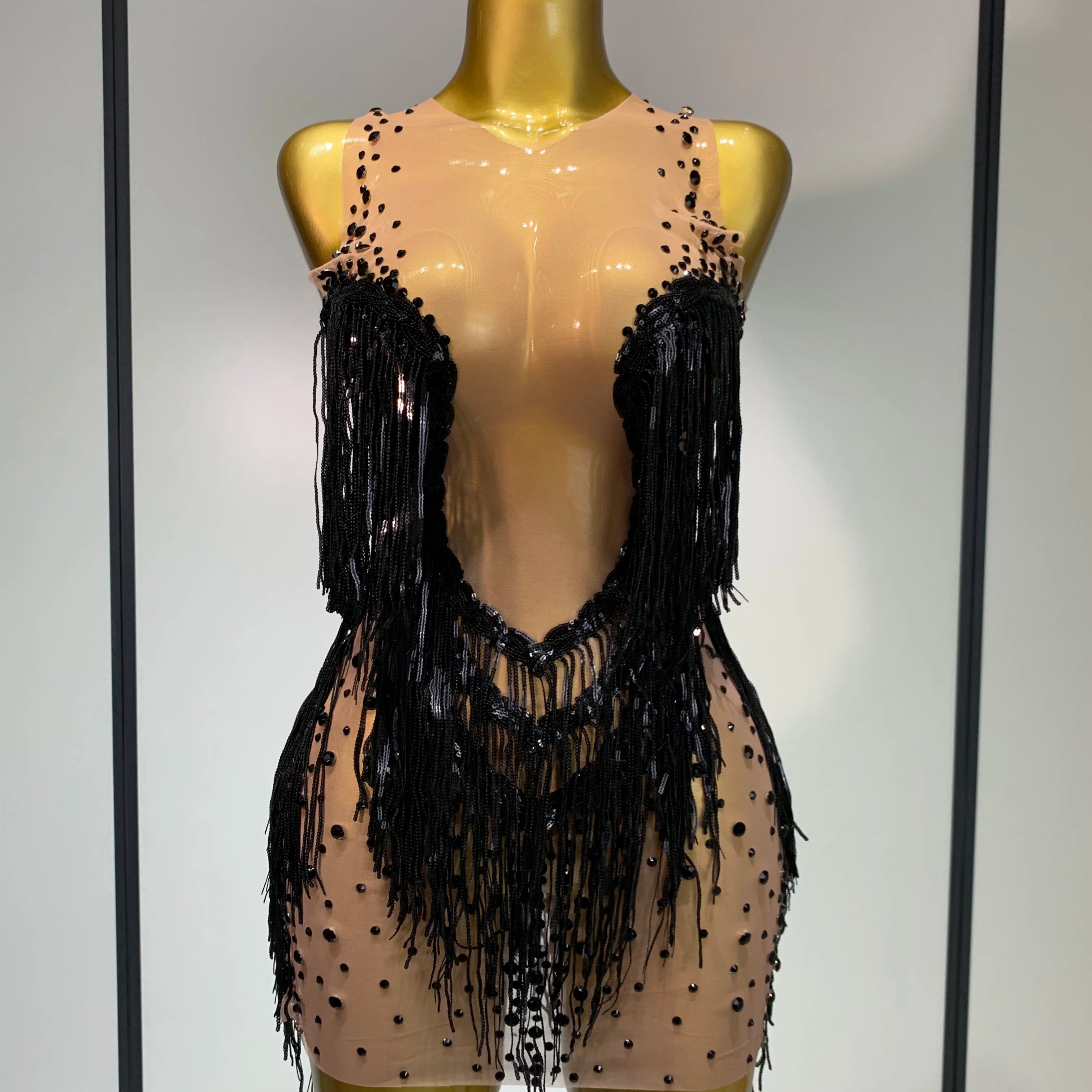 Rhinestones Tassels Mini Dress Suit Luxury Women Sexy See Through Mesh Party Club Dresses Performance Stage Outfit